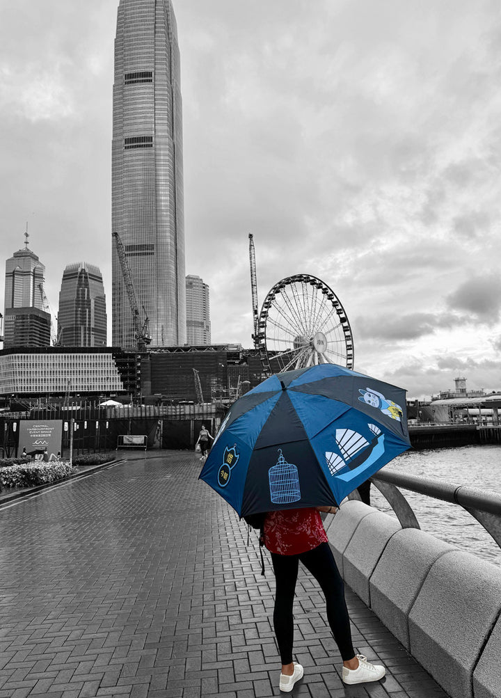 Hong Kong Icons Large Folding Golf Umbrella – Blue, Double Canopy, UV-Protection