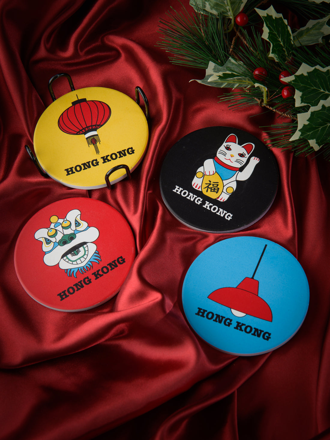 Coloured Ceramic Coaster Set – 4 Piece with Cork Backing & Metal Holder