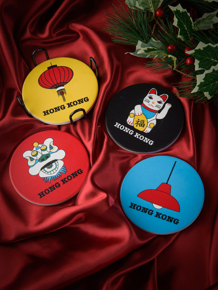 Coloured Ceramic Coaster Set – 4 Piece with Cork Backing & Metal Holder