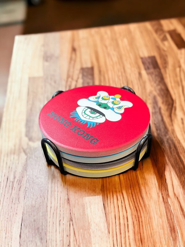 Coloured Ceramic Coaster Set – 4 Piece with Cork Backing & Metal Holder