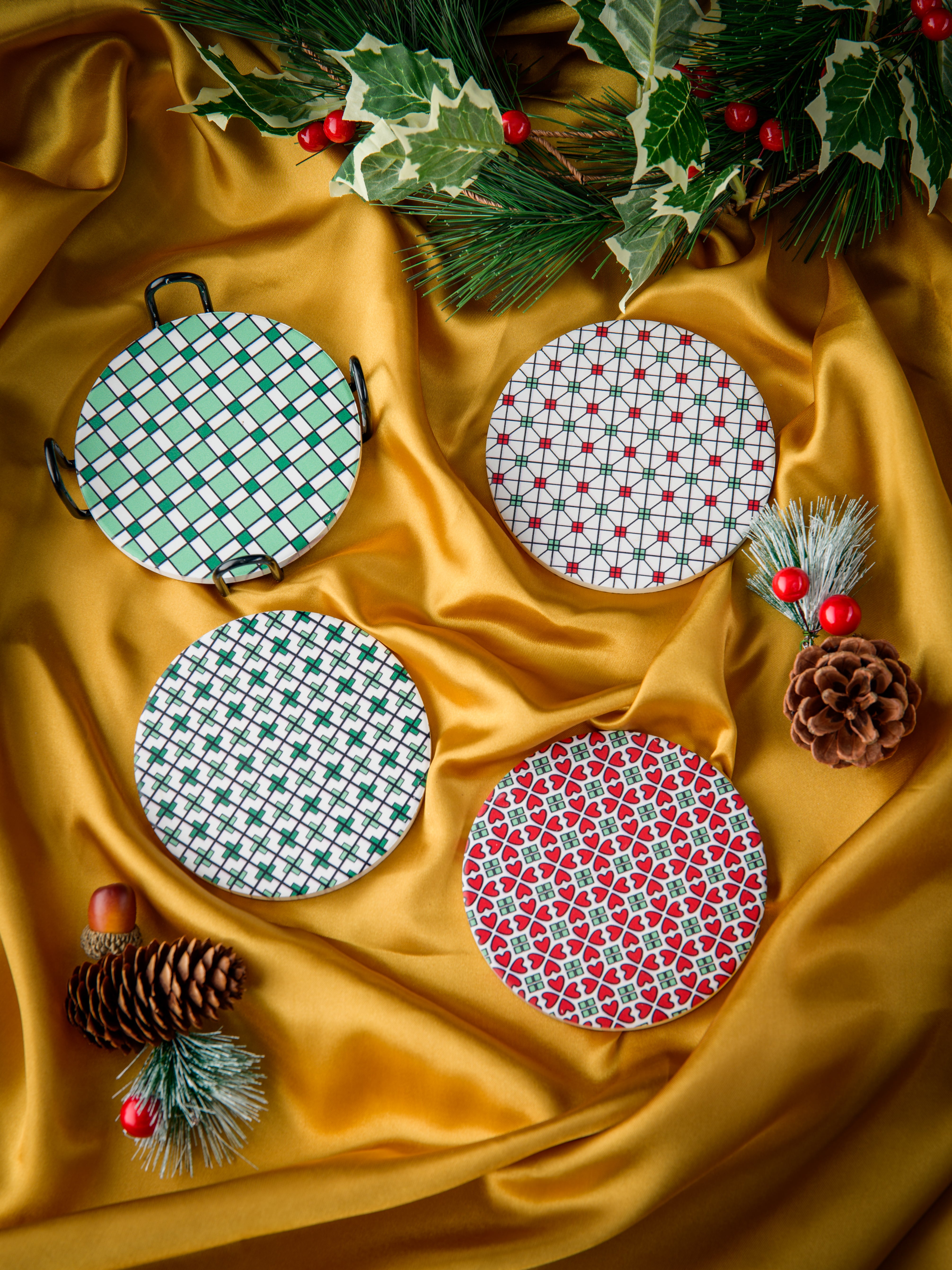 Hong Kong Tiles Ceramic Coaster Set of 4 – Cork-Backed with Metal Holder