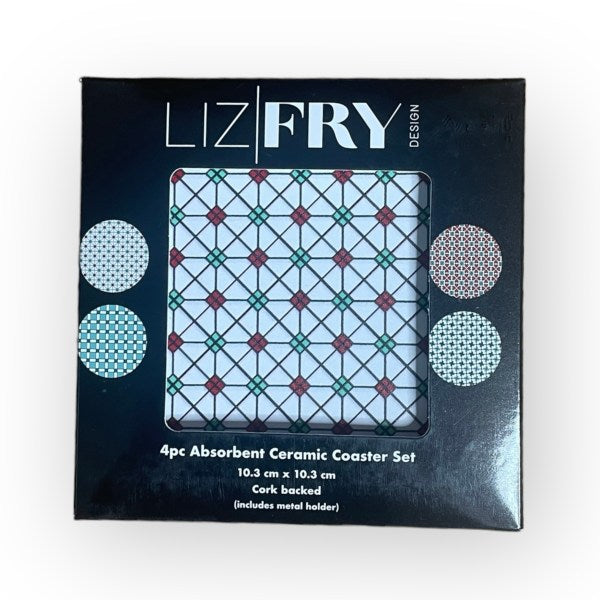 Hong Kong Tiles Ceramic Coaster Set of 4 – Cork-Backed with Metal Holder