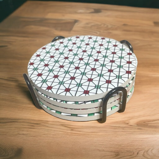 Hong Kong Tiles Ceramic Coaster Set of 4 – Cork-Backed with Metal Holder