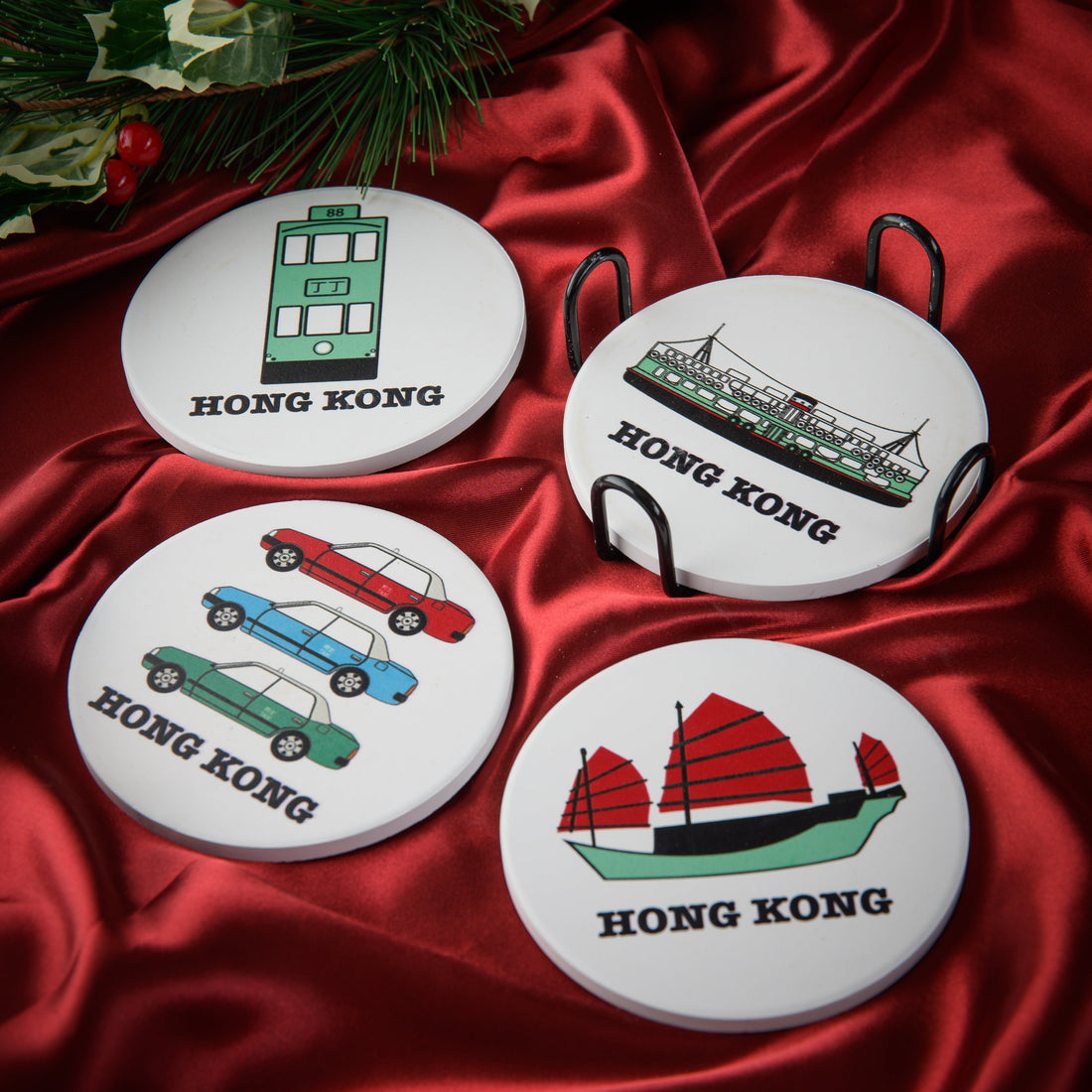 Ceramic Coaster Set – White (Set of 4) with Cork Backing & Metal Holder