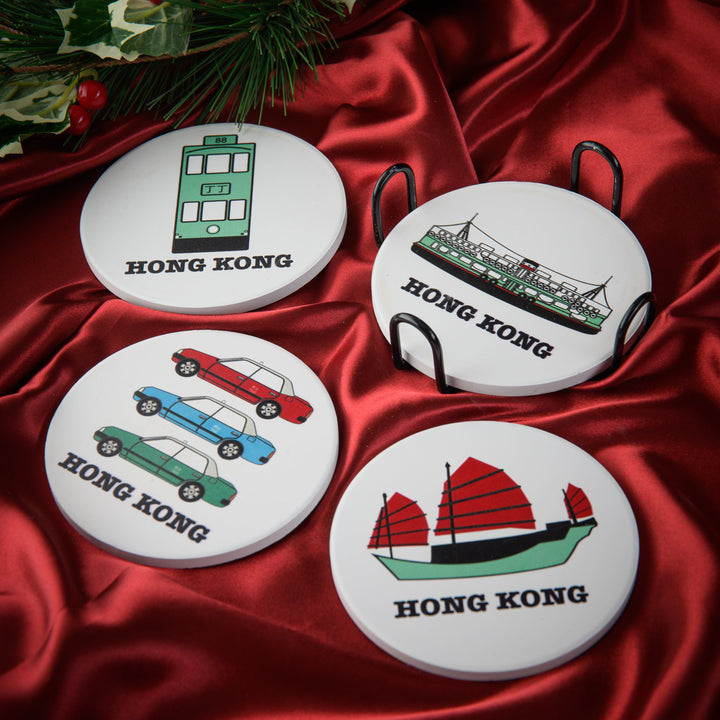 Ceramic Coaster Set – White (Set of 4) with Cork Backing & Metal Holder