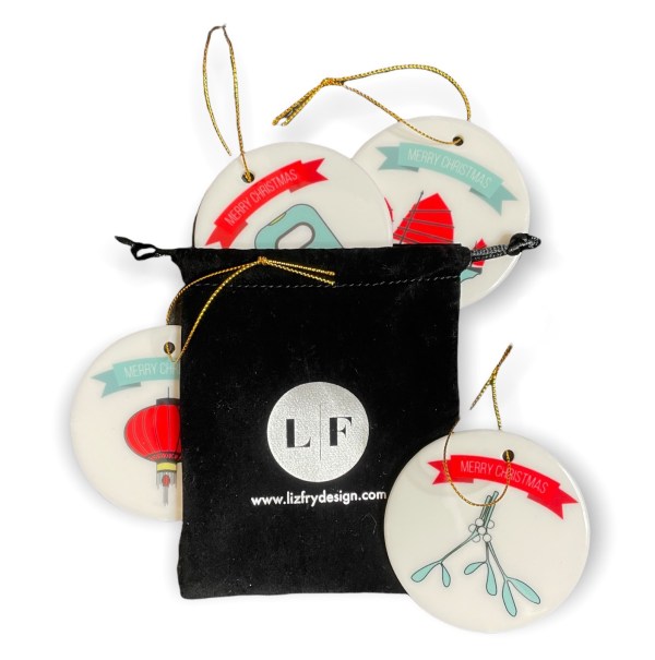 Christmas Ornament Set – Set of 4 Double-Sided Ceramic Ornaments