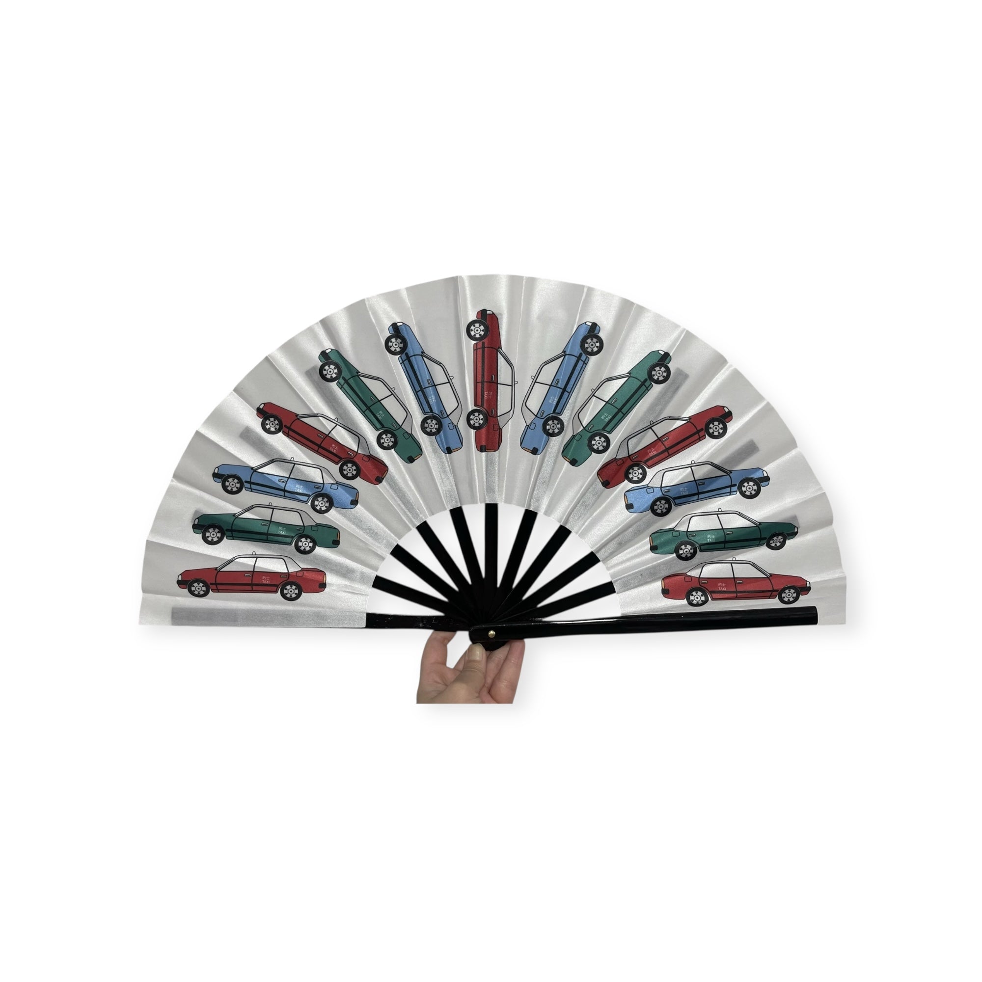 HK Taxis Hand Fan – Red, Green & Blue Taxi Print Souvenir | Liz Fry Design