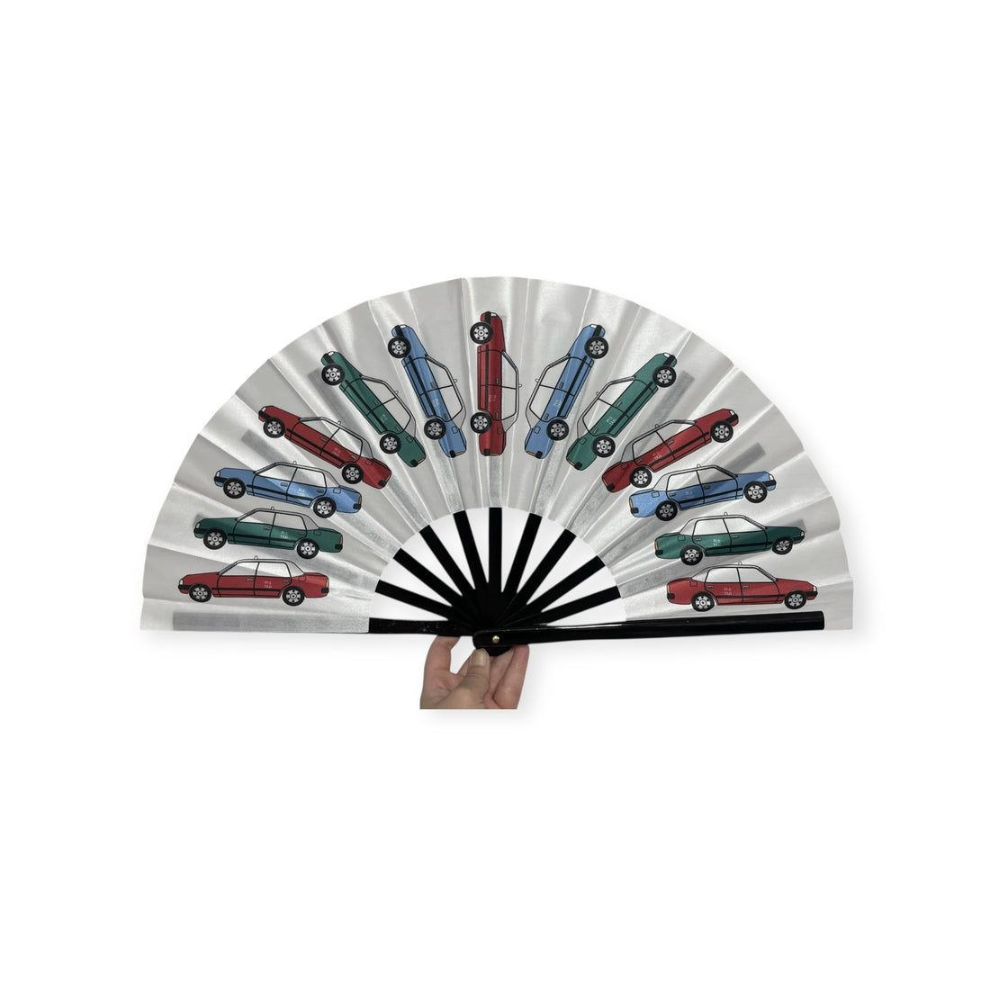 HK Taxis Hand Fan – Red, Green & Blue Taxi Print Souvenir | Liz Fry Design