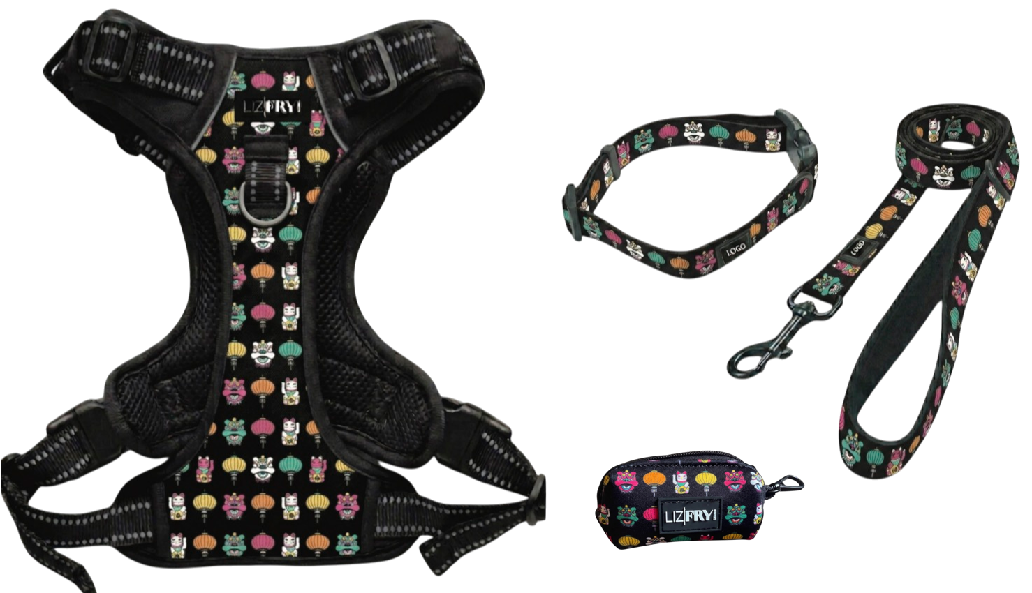 Lion, Cat, Lantern – Black 4-Piece Dog Walk Set