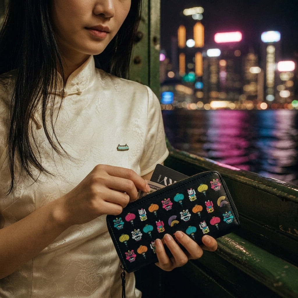 Hong Kong Lion, Cat & Lantern Wallet – Black