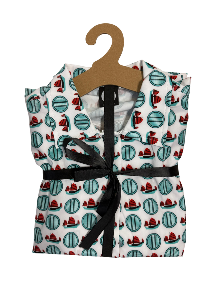 Men’s Junk Boat Print Quick-Dry Shirt & Shorts Set Description: