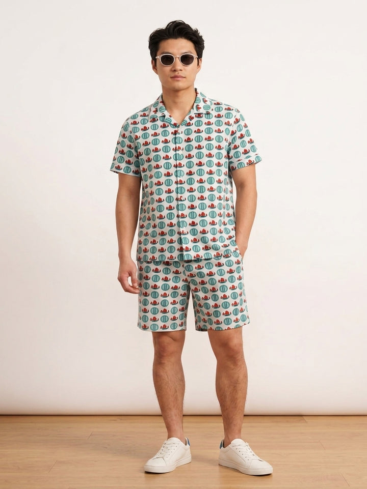 Men’s Junk Boat Print Quick-Dry Shirt & Shorts Set Description:
