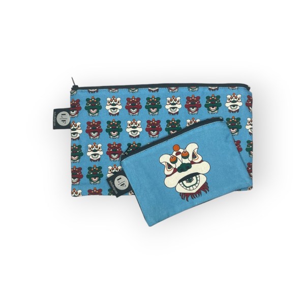 Tsim Sha Tsui Lion Heads Zip Bag Set – 2 Piece Hong Kong Print Travel & Everyday Pouches
