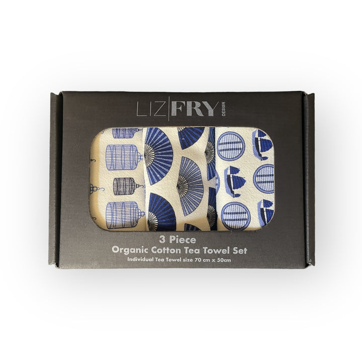 HK Blues Tea Towel Gift Set – 3-Pack, Eco-Cotton, Coordinated Hong Kong Prints