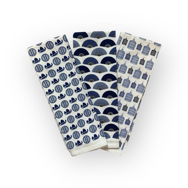 HK Blues Tea Towel Gift Set – 3-Pack, Eco-Cotton, Coordinated Hong Kong Prints