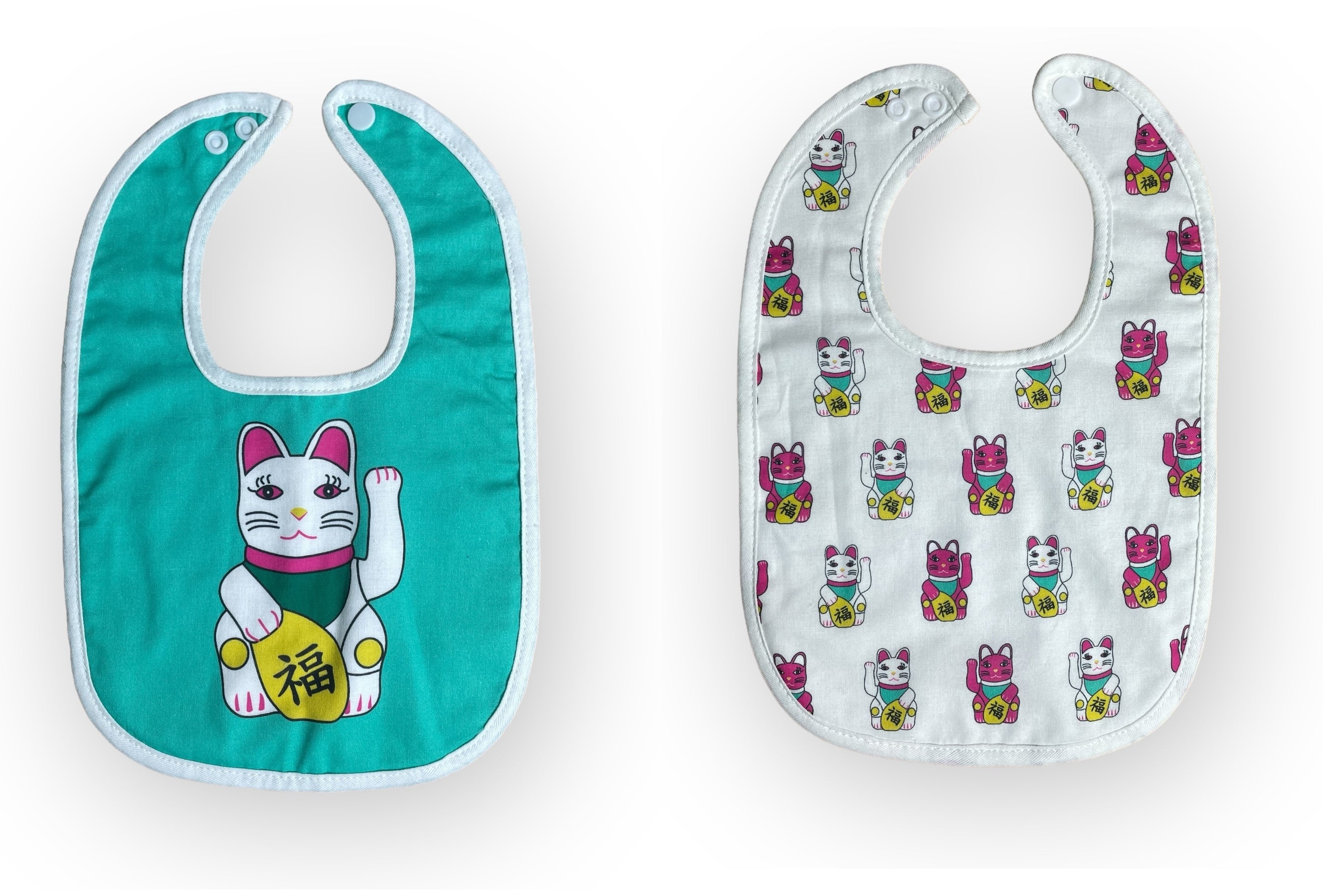 Tung Choi Street Lucky Cats Baby Bib Set – 2 Piece Reversible Cotton Bibs