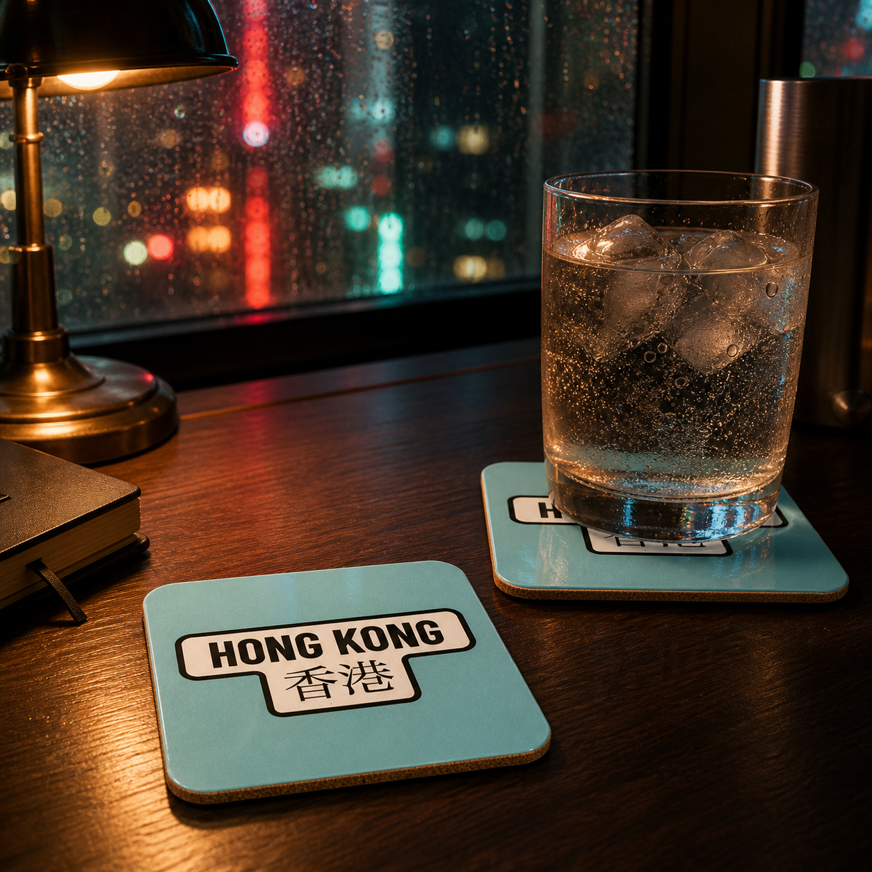 Hong Kong Sign Mint Cork Coaster – 10 × 10 cm