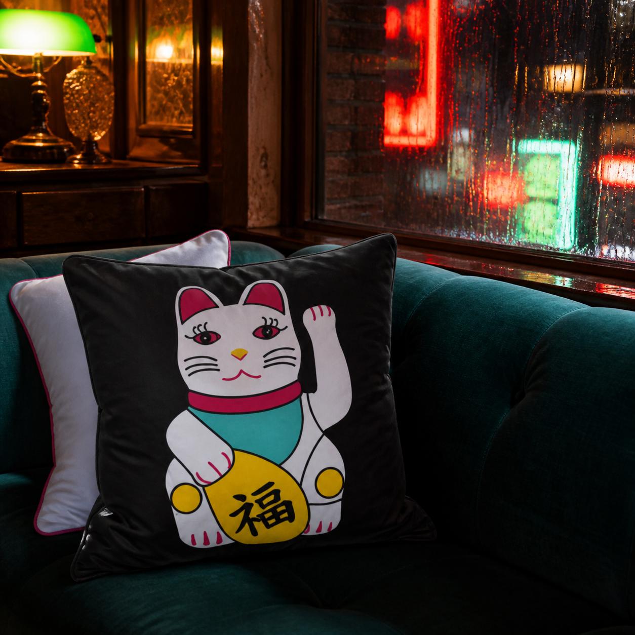 Hong Kong Lucky Cat Two-Sided rPET Cushion Cover – 45 × 45 cm