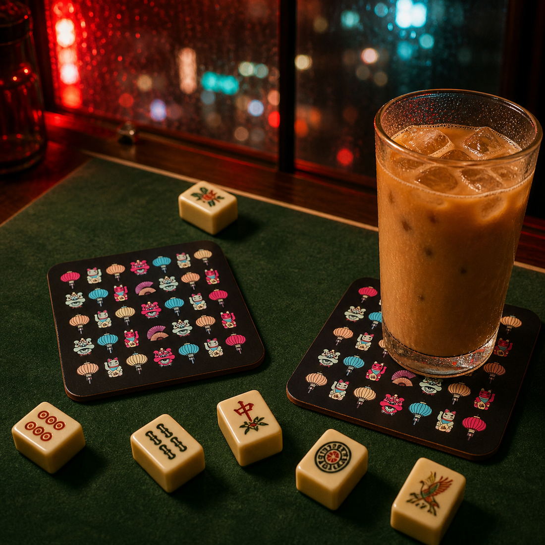 Hong Kong Cat, Lion & Lantern Cork Coaster – 10 × 10 cm