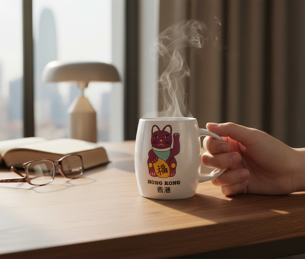 Lizfrydesign white ceramic mug with a purple lucky cat illustration holding a gold coin with Chinese characters. Text reads "HONG KONG" and "香港".