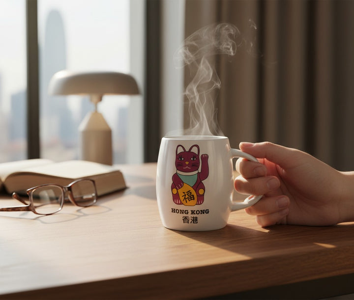 Lizfrydesign white ceramic mug with a purple lucky cat illustration holding a gold coin with Chinese characters. Text reads "HONG KONG" and "香港".