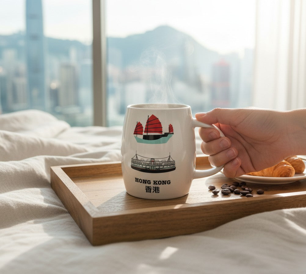 Lizfrydesign white ceramic mug with red-sailed junk boat and Star Ferry illustration, text reads Hong Kong 香港.