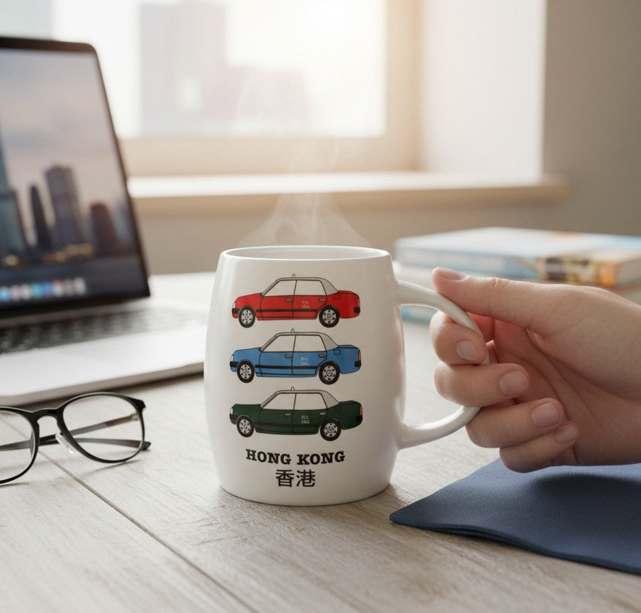 lizfrydesign white ceramic mug with red, blue, and green Hong Kong taxis and text.